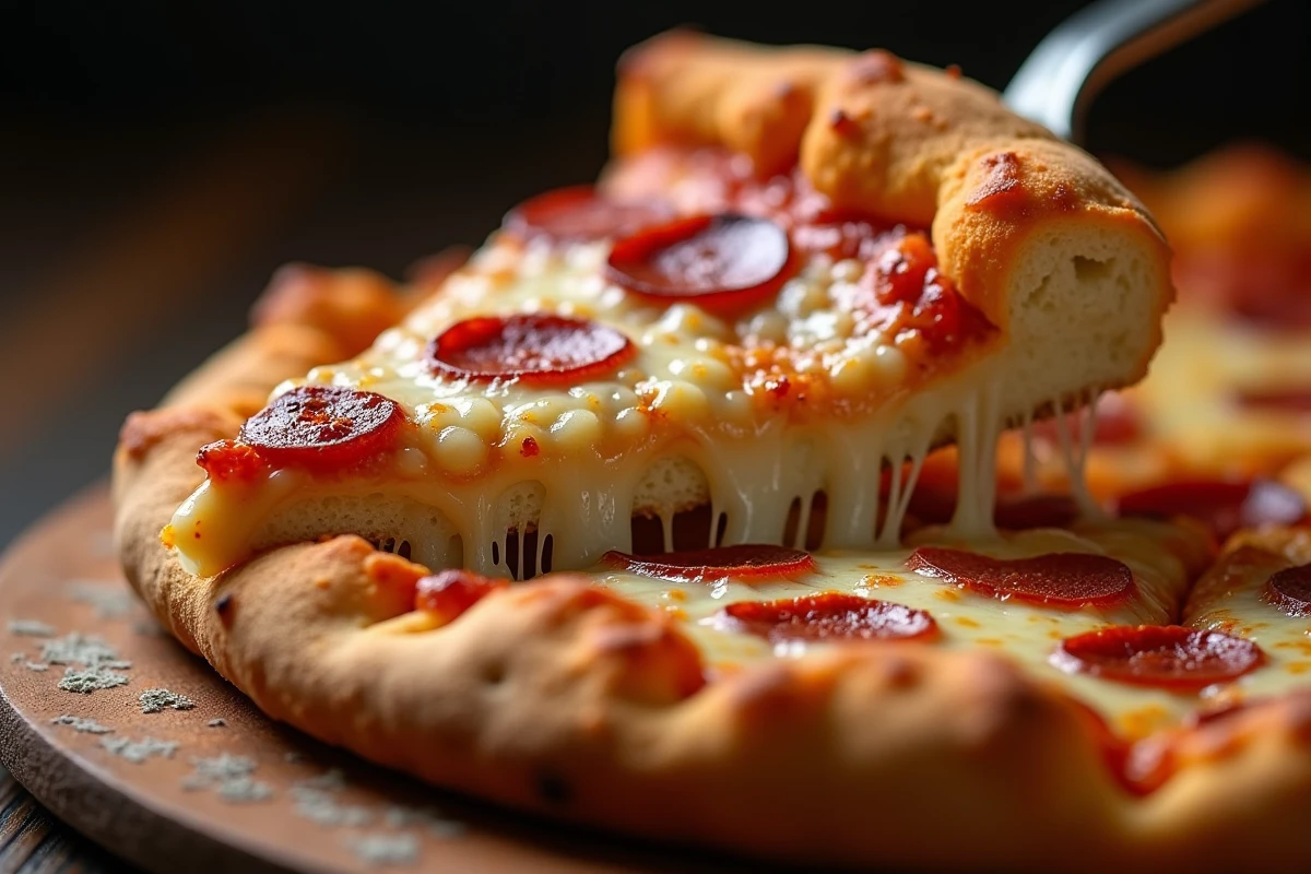 Gros plan d'une tranche de pizza soulevée d'une pierre à pizza révélant une croûte croustillante et alvéolée avec des traces de cuisson