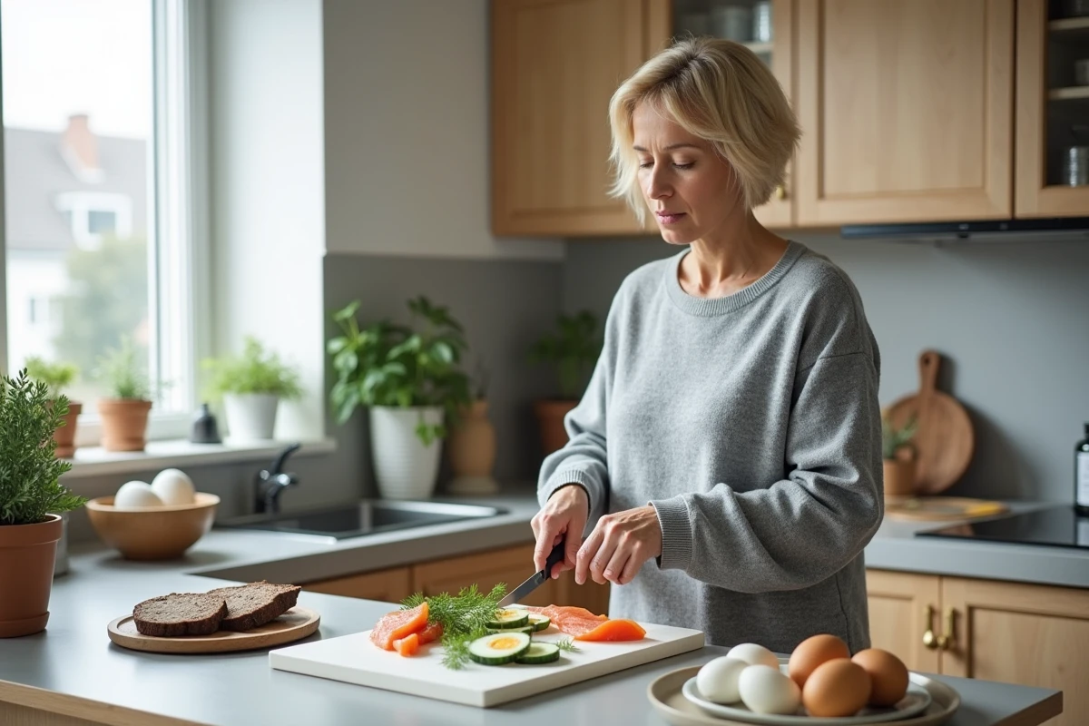 Femme préparant un repas sain nordique avec saumon fumé, pain de seigle et légumes frais dans une cuisine scandinave lumineuse