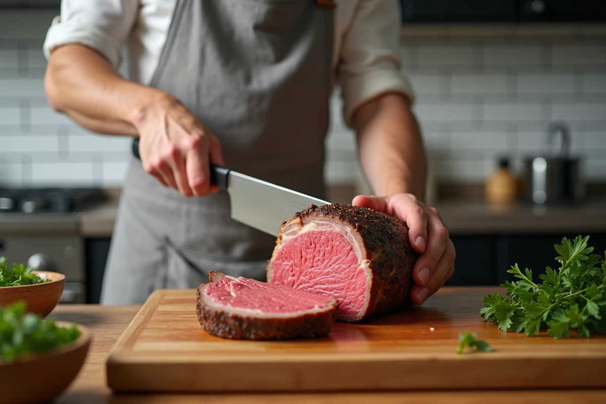 Homme cuisinier découpant un filet de bœuf cuit à la perfection dans une cuisine moderne