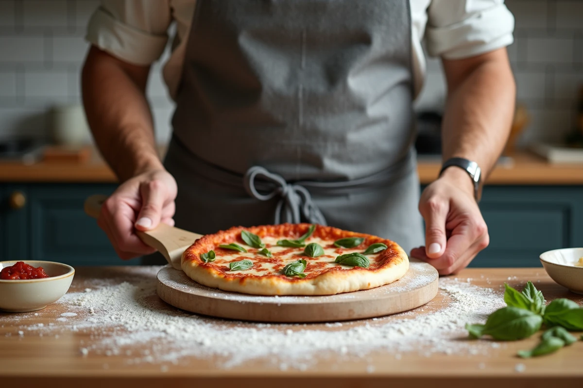 Homme cuisinant à la maison en train de glisser une pizza crue sur une pierre à pizza préchauffée avec une pelle en bois