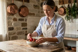 Femme cuisinière française arrangeant des fraises fraîches dans un bol en céramique dans une cuisine rustique en pierre