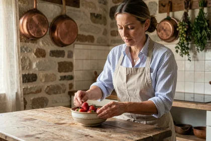 Femme cuisinière française arrangeant des fraises fraîches dans un bol en céramique dans une cuisine rustique en pierre