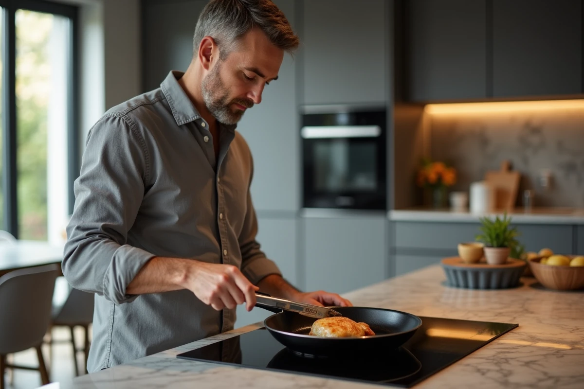 Homme cuisinant une viande maigre sans matière grasse pour un régime diabétique