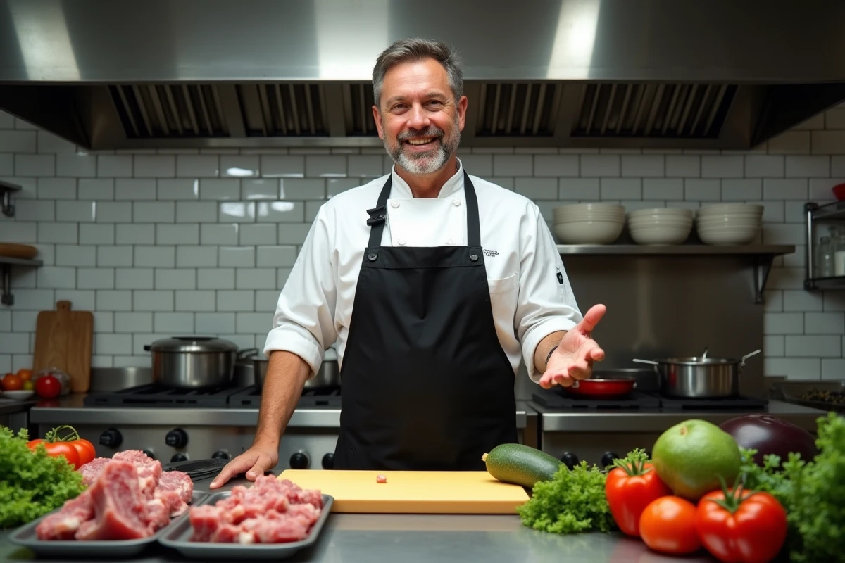 Chef cuisinier organisant des aliments séparés sur un plan de travail en inox dans une cuisine professionnelle