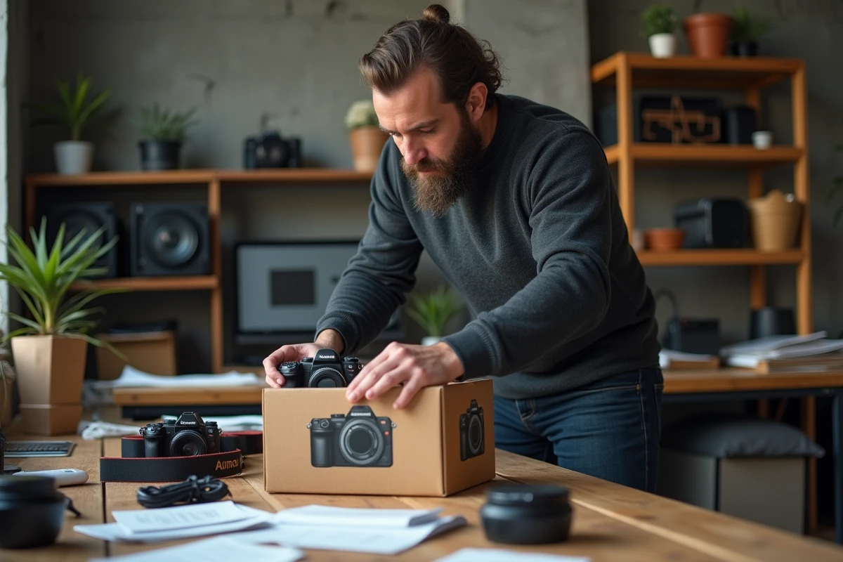 Homme déballant un appareil photo mirrorless professionnel dans un studio créatif, symbolisant l'achat d'équipement technologique de qualité
