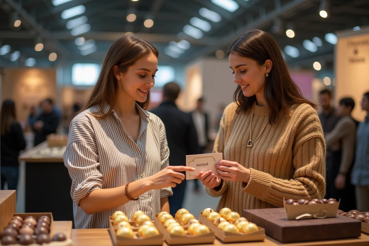 Deux femmes découvrant des chocolats artisanaux lors d'un salon du chocolat