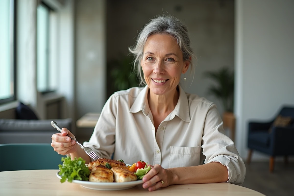 Femme mangeant un déjeuner équilibré composé de poulet grillé, légumes rôtis et salade verte dans un appartement moderne