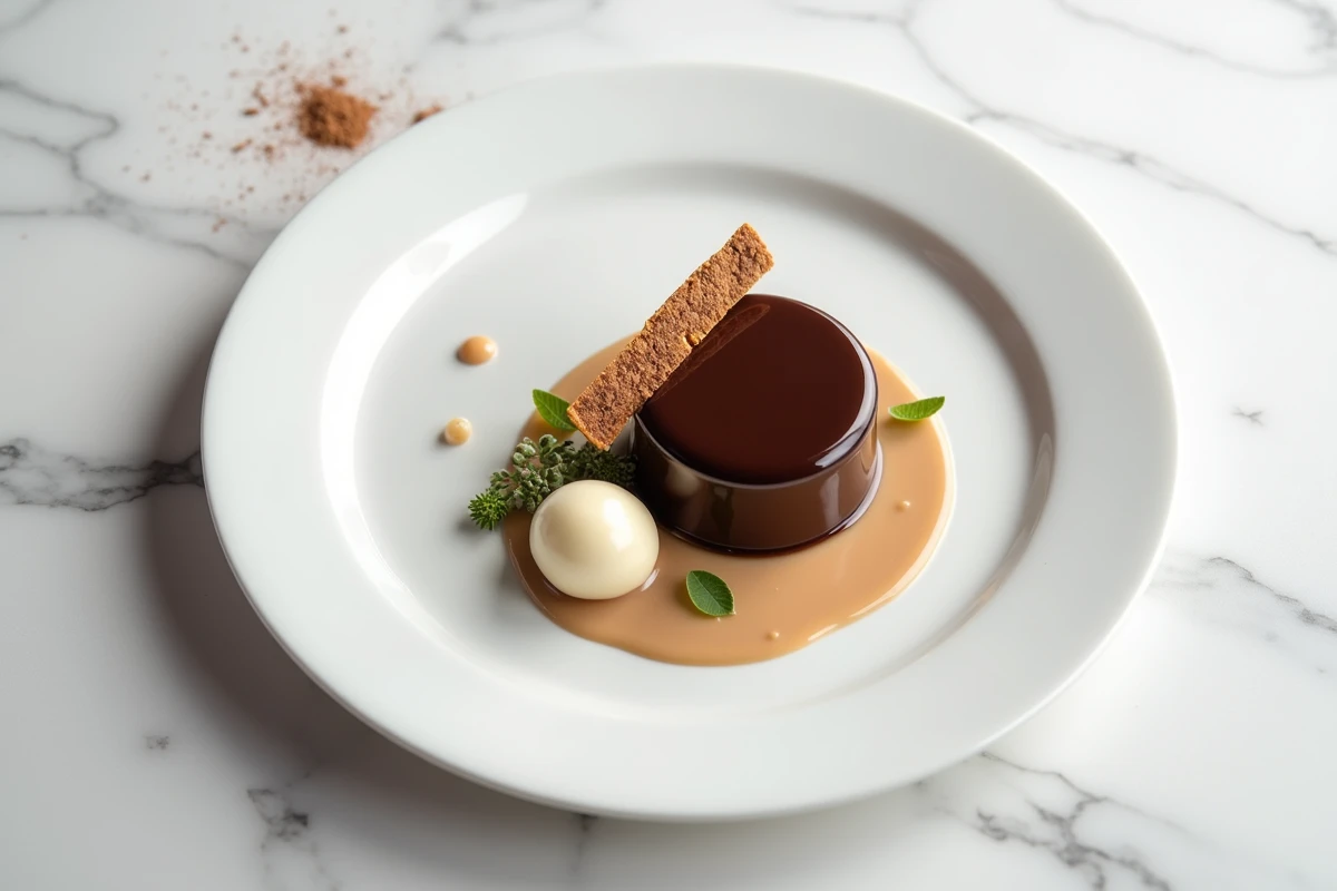 Dessert de pâtisserie de compétition en vue de dessus, entremet chocolat avec glaçage miroir et garnitures délicates sur assiette blanche