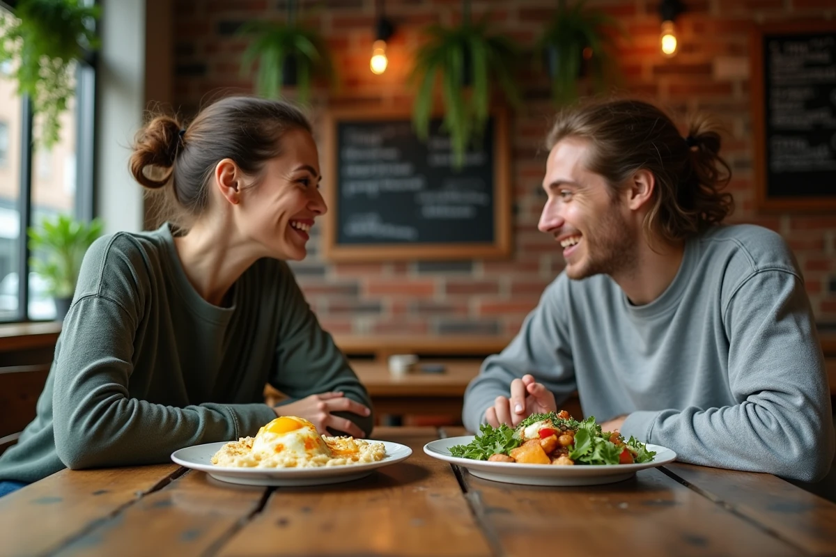 Deux amis au café comparant un repas végétarien avec œufs et fromage et un repas végétalien à base de plantes