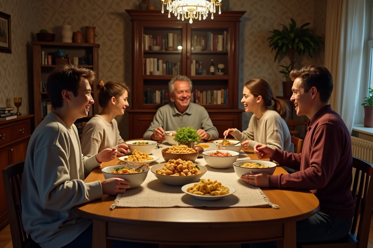Scène de dîner en famille autour d'une grande table en bois avec des plats partagés de pâtes, pommes de terre et salade