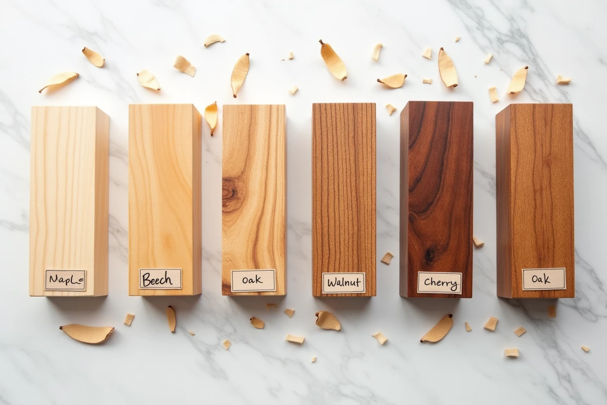 Échantillons comparatifs de différentes essences de bois adaptées à un usage alimentaire présentés en vue aérienne