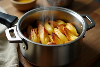 Endives fondantes dorées dans une cocotte minute ouverte posée sur un plan de travail en bois rustique