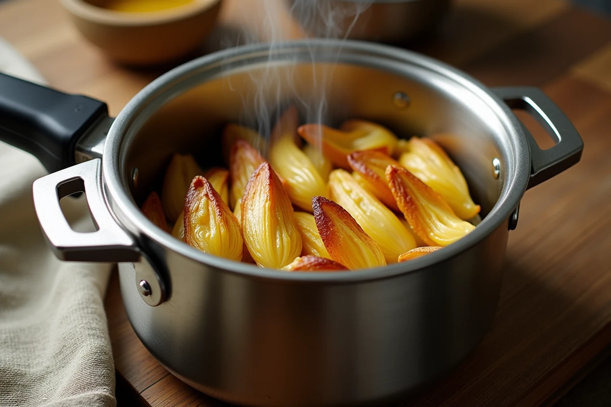 Endives fondantes dorées dans une cocotte minute ouverte posée sur un plan de travail en bois rustique