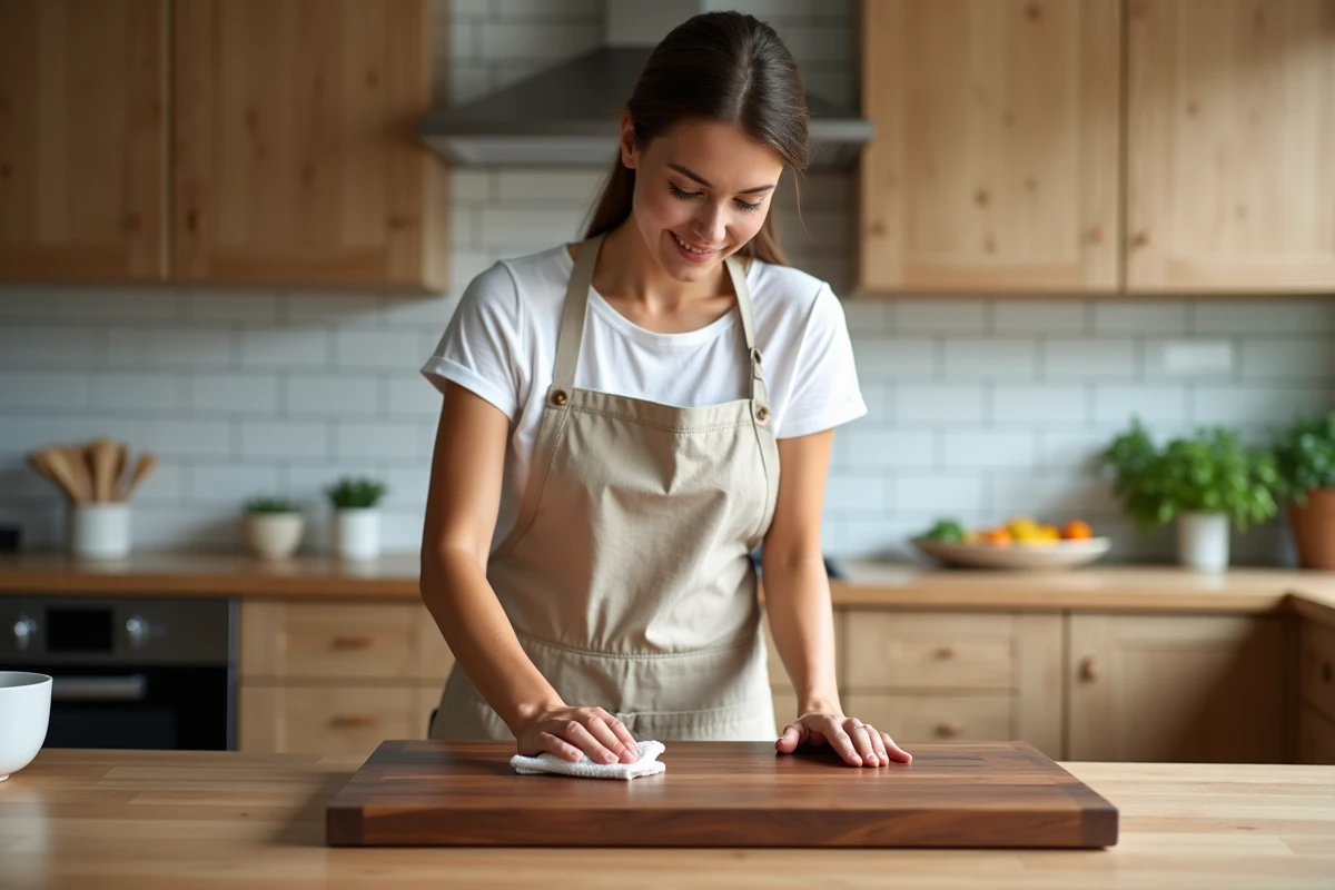 Femme appliquant de l'huile alimentaire sur une planche à découper en noyer dans une cuisine moderne pour entretenir le bois