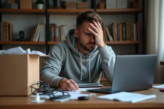 Homme frustré entouré de boîtes de produits tech ouverts sur un bureau encombré, exprimant le regret d'un mauvais achat technologique
