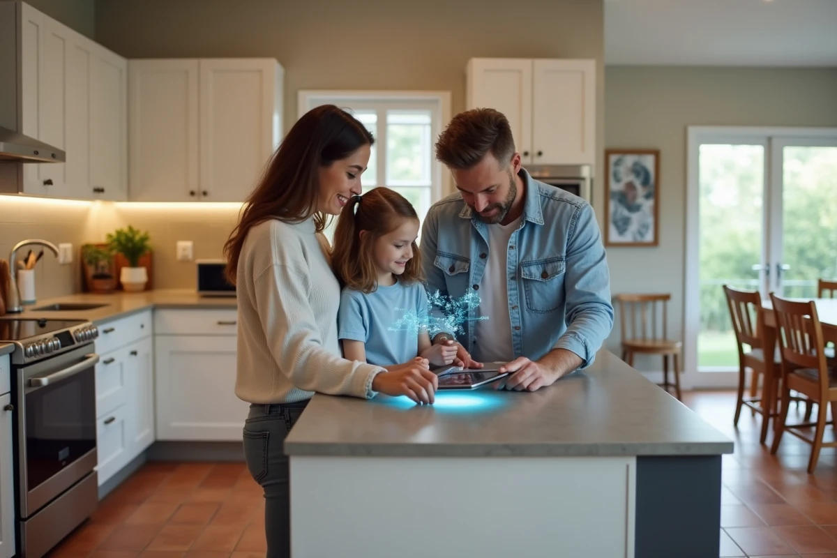 Famille utilisant des appareils connectés dans une cuisine moderne, illustrant l'intégration de la technologie smart home dans la vie quotidienne