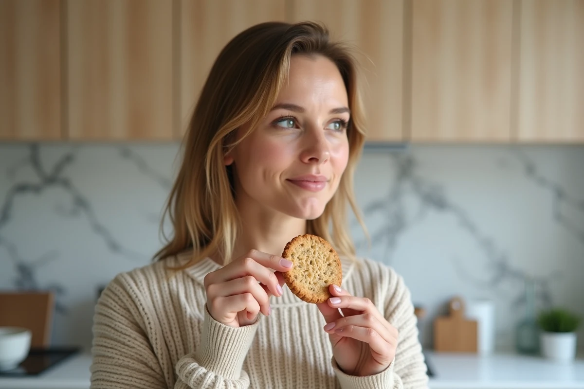 Femme tenant un biscuit complet dans une cuisine moderne, illustrant une alimentation équilibrée pour maigrir