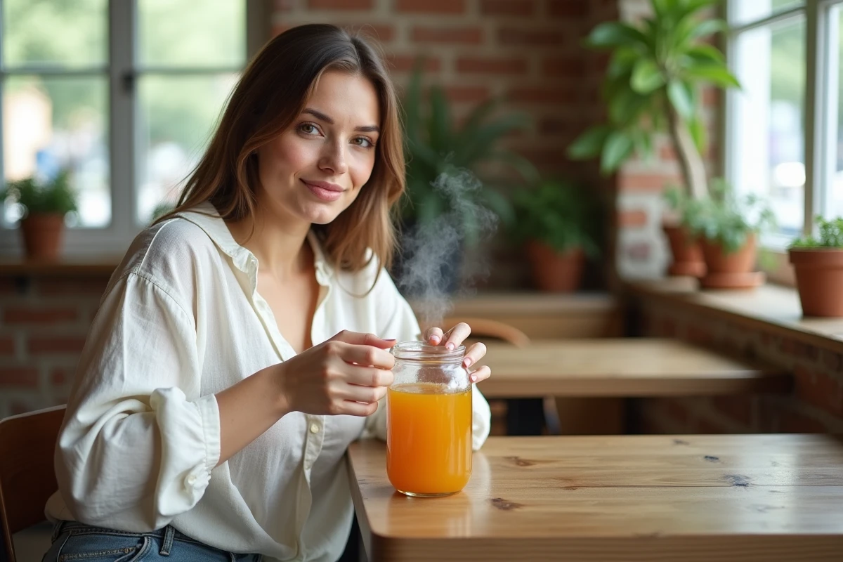 Jeune femme tenant un bocal de boisson détox au curcuma et gingembre dans un café moderne et lumineux