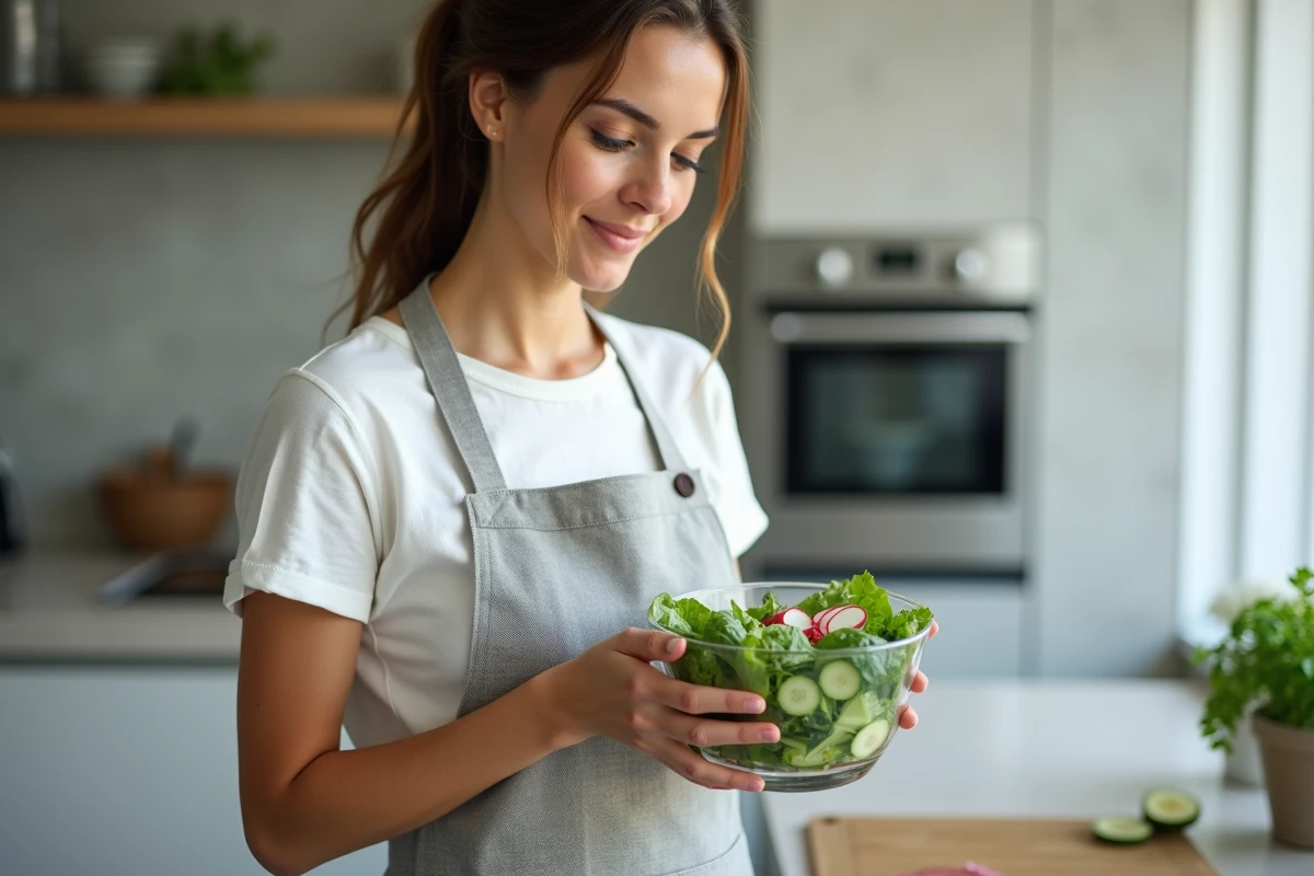 Femme tenant un bol de salade de légumes faibles en calories dans une cuisine moderne minimaliste
