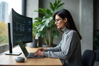 Femme utilisant un ordinateur ultrawide dans un bureau minimaliste à domicile, illustrant l'impact des équipements tech sur le quotidien professionnel