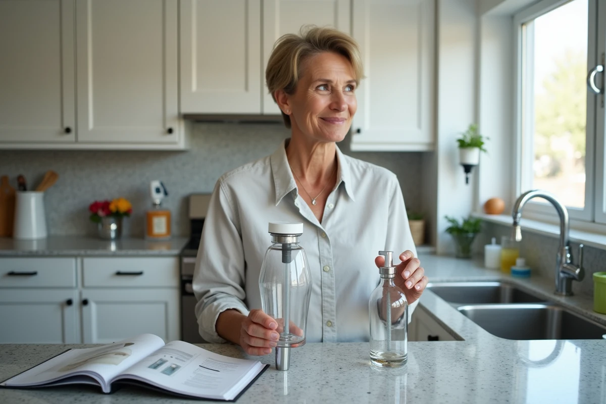 Femme comparant un siphon bouteille et un siphon en S dans une cuisine moderne pour faire le bon choix