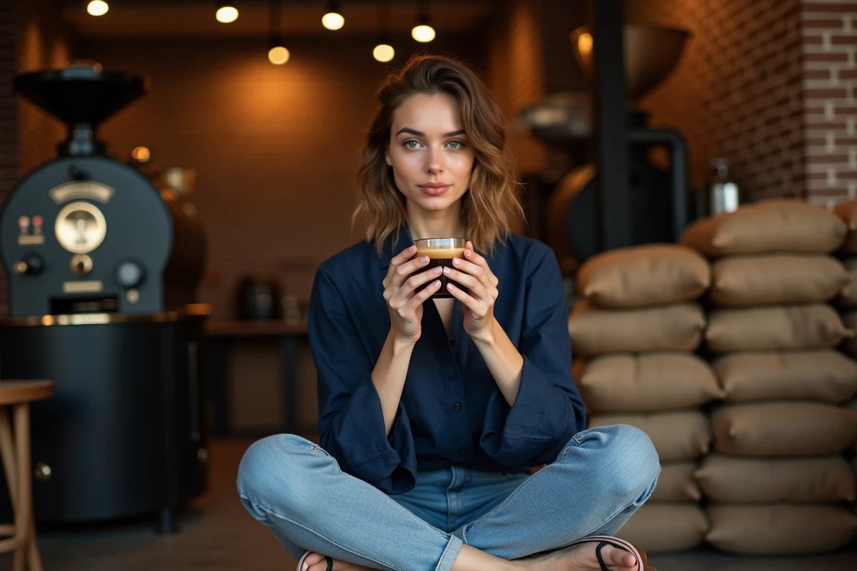 Jeune femme italienne dégustant un espresso dans une torréfaction artisanale de Turin entourée de sacs de café vert