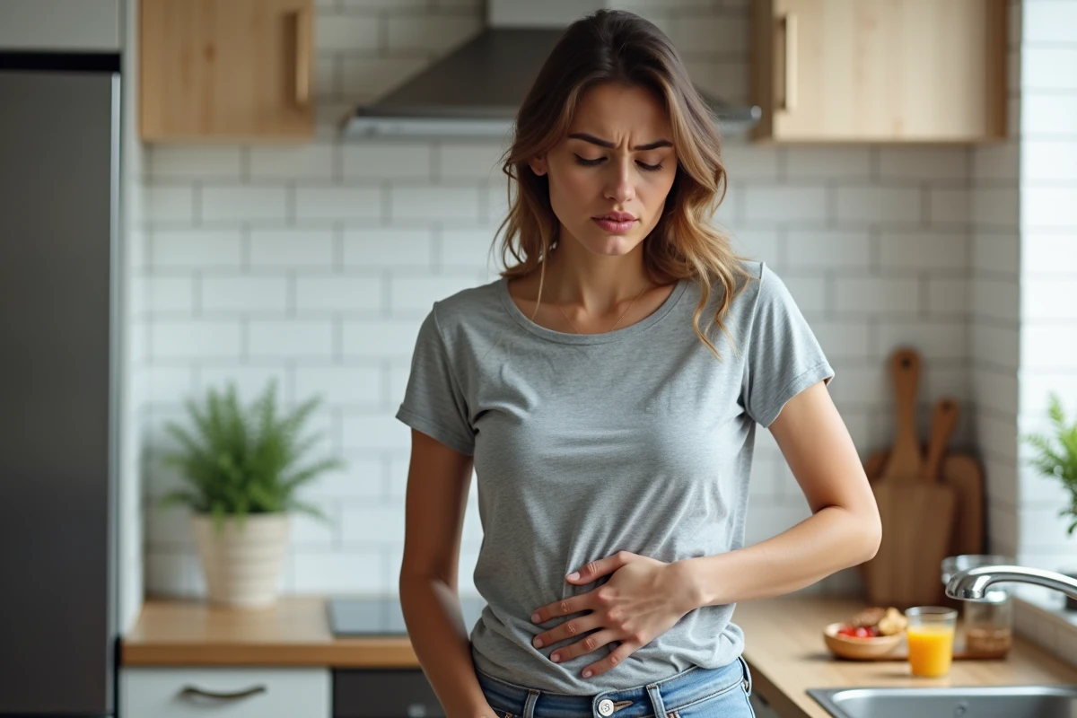 Femme tenant son estomac face à des aliments acides dans une cuisine moderne, illustrant l'inconfort digestif