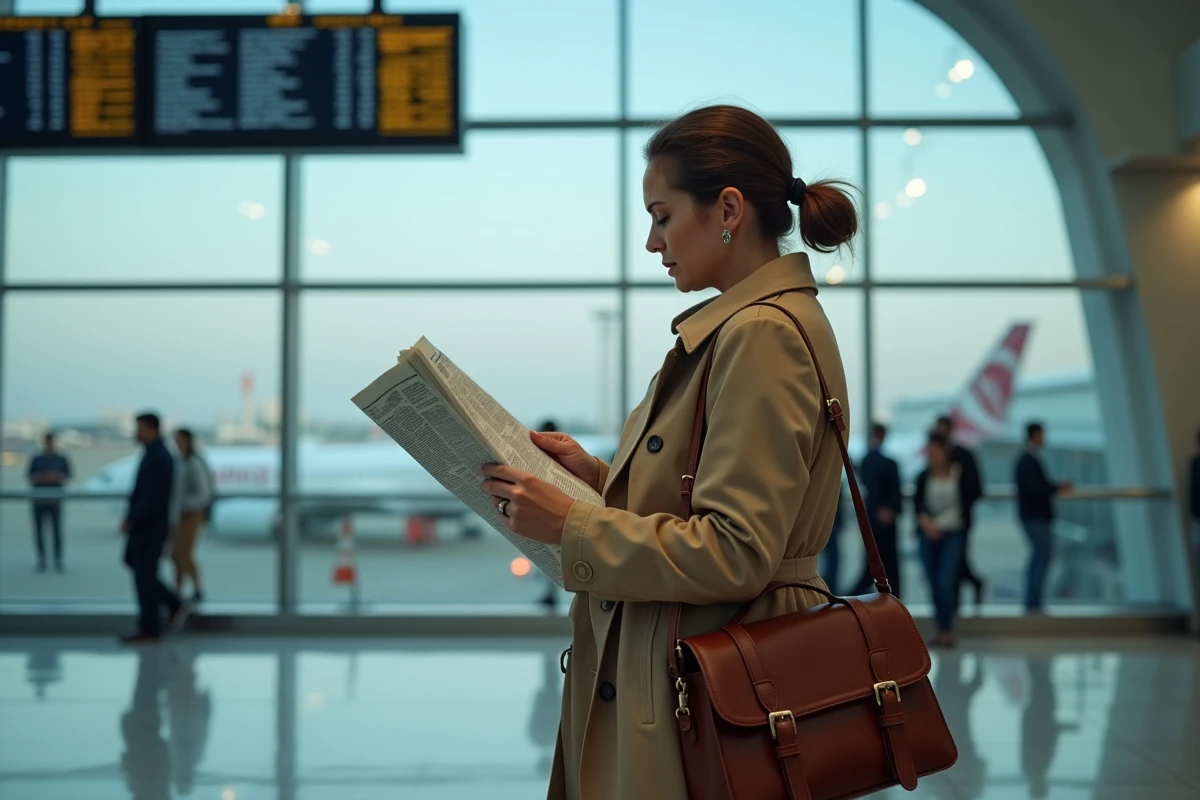 Femme lisant un journal dans un terminal d'aéroport international avec des tableaux de départ et des avions en arrière-plan