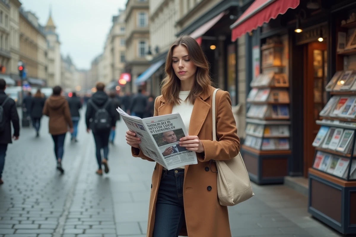 Jeune femme lisant un journal imprimé sur une rue pavée européenne avec kiosque à journaux en arrière-plan