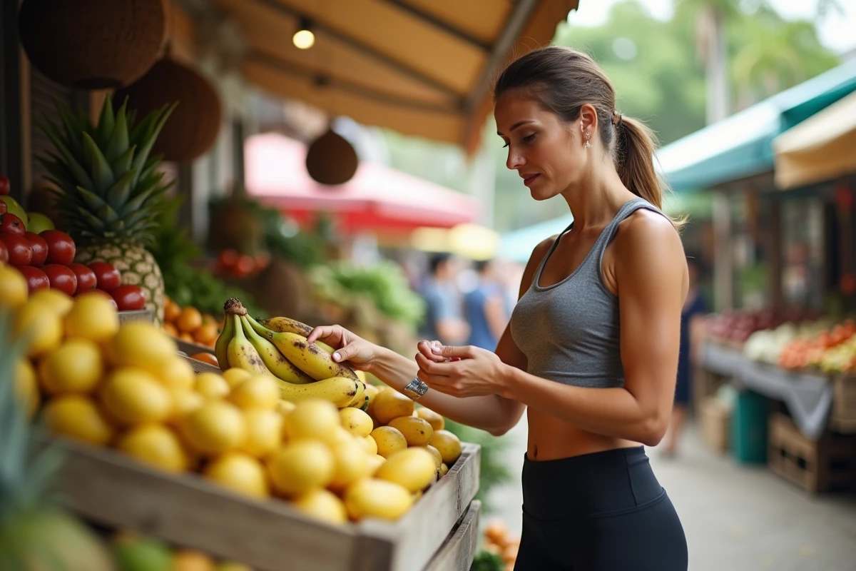 Femme choisissant des bananes fraîches sur un étal de marché en plein air pour un régime sain