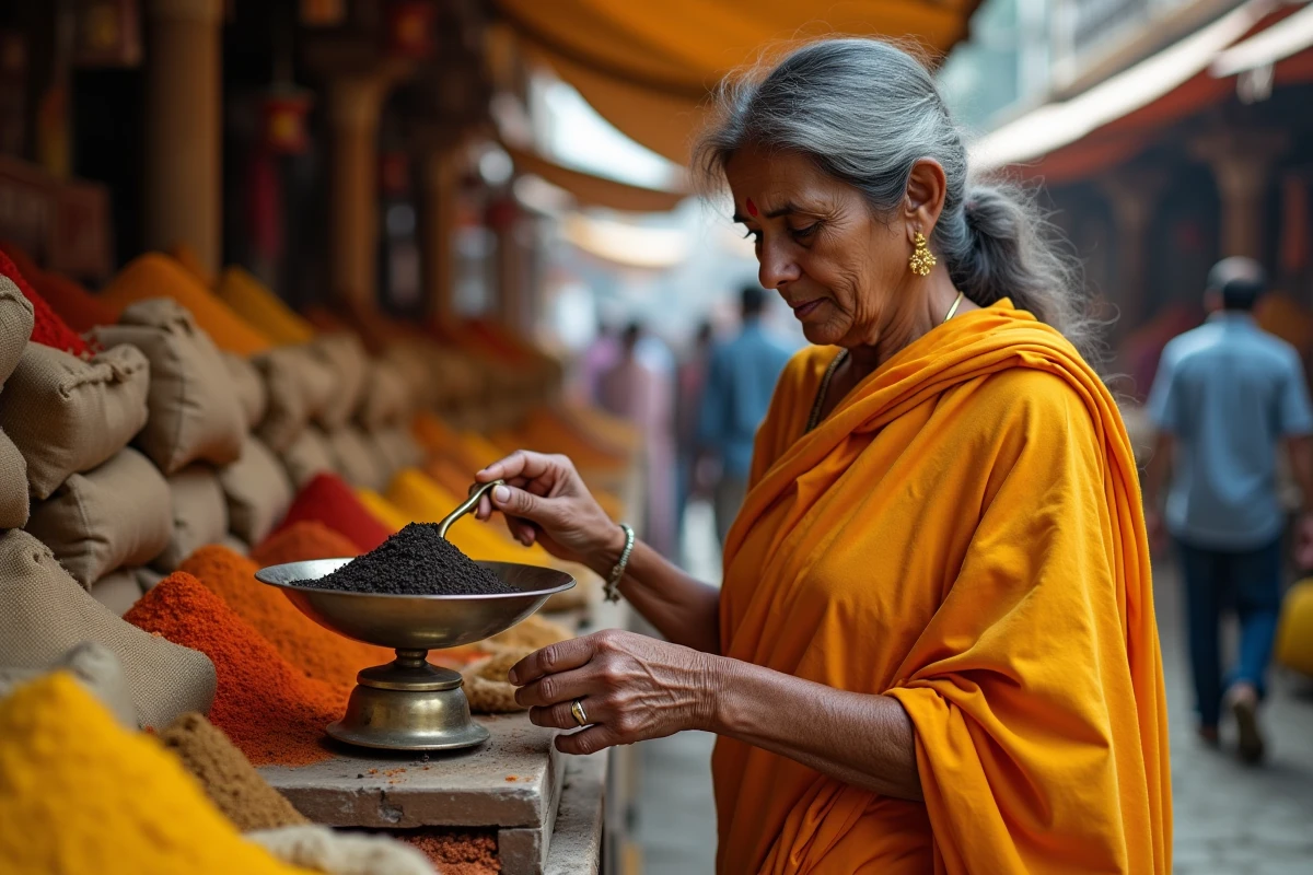Femme sud-asiatique inspectant du poivre noir moulu sur une balance en laiton dans un marché aux épices traditionnel en Inde