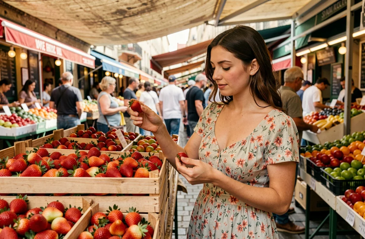 Jeune femme choisissant des fraises fraîches sur un marché en plein air français