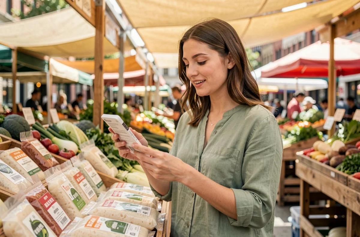 Femme examinant des produits à base de konjac sur un étal de marché en plein air
