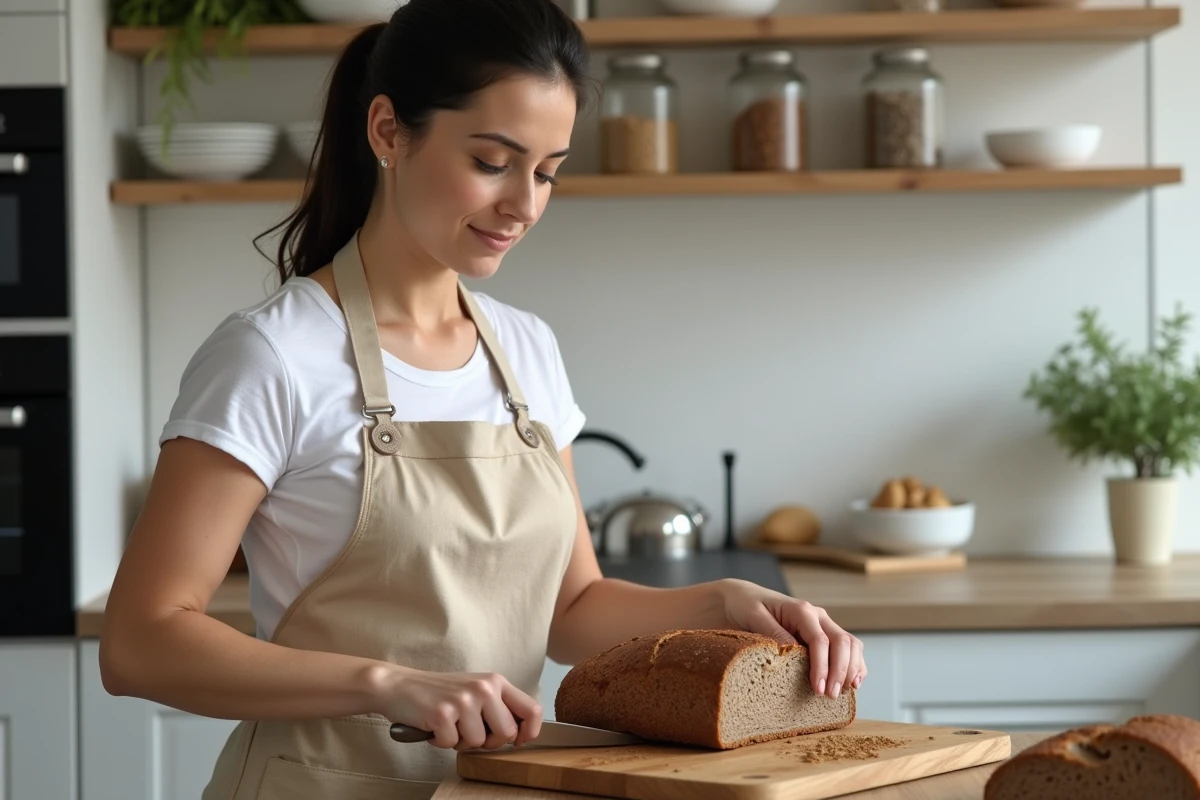 Femme préparant un pain cétogène au psyllium dans une cuisine moderne, en train de couper une miche fraîchement cuite