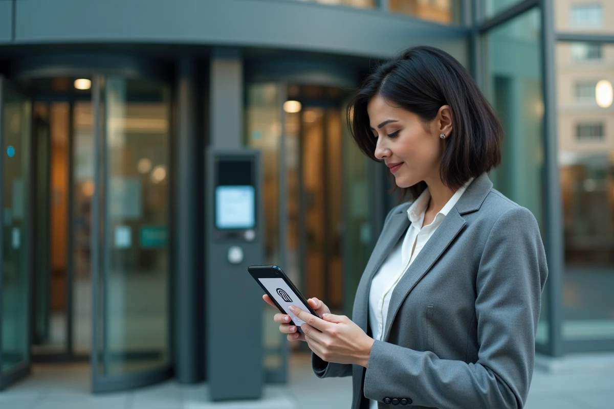 Femme professionnelle utilisant un smartphone sécurisé avec authentification biométrique à l'entrée d'un immeuble de bureaux moderne