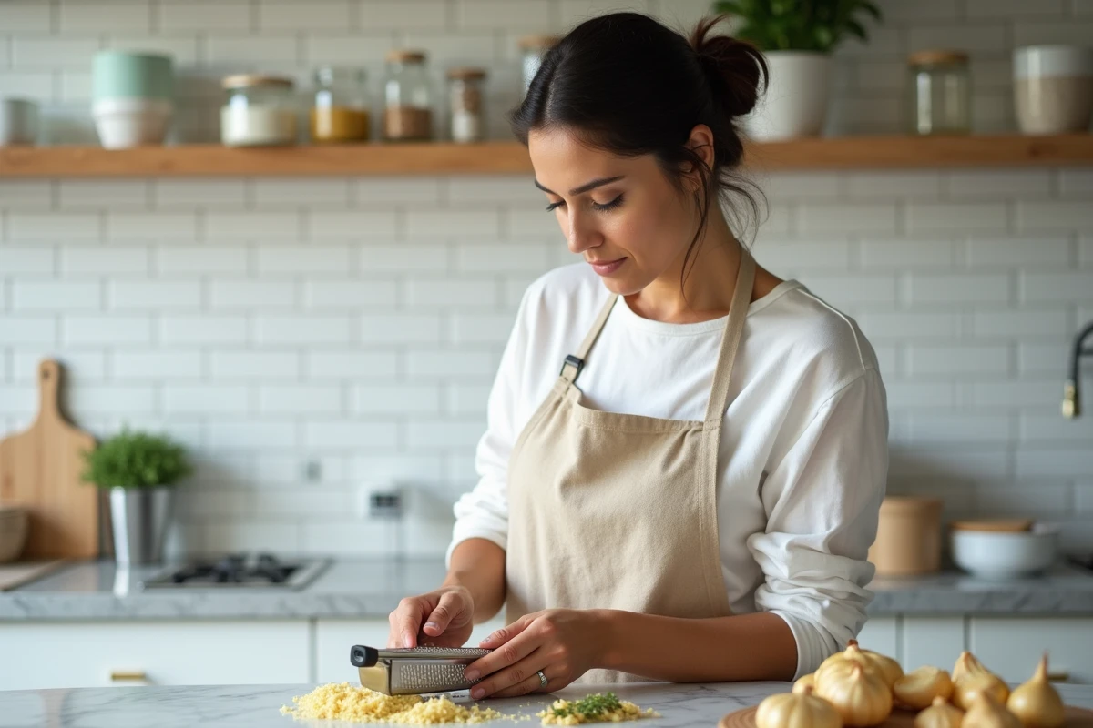 Femme râpant du gingembre frais à côté d'ail écrasé sur un plan de travail en marbre dans une cuisine moderne
