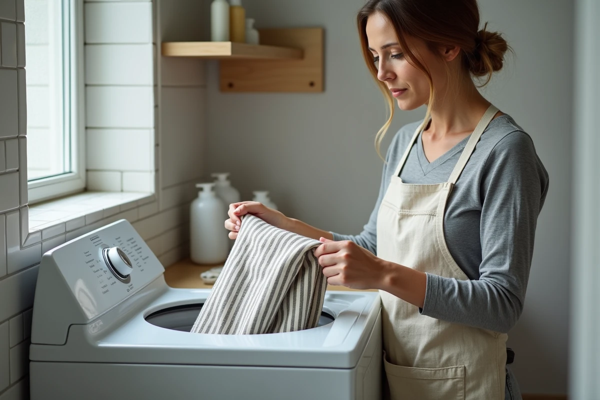 Femme roulant des tabliers en lin avant de les placer dans un lave-linge pour éviter les enchevêtrements