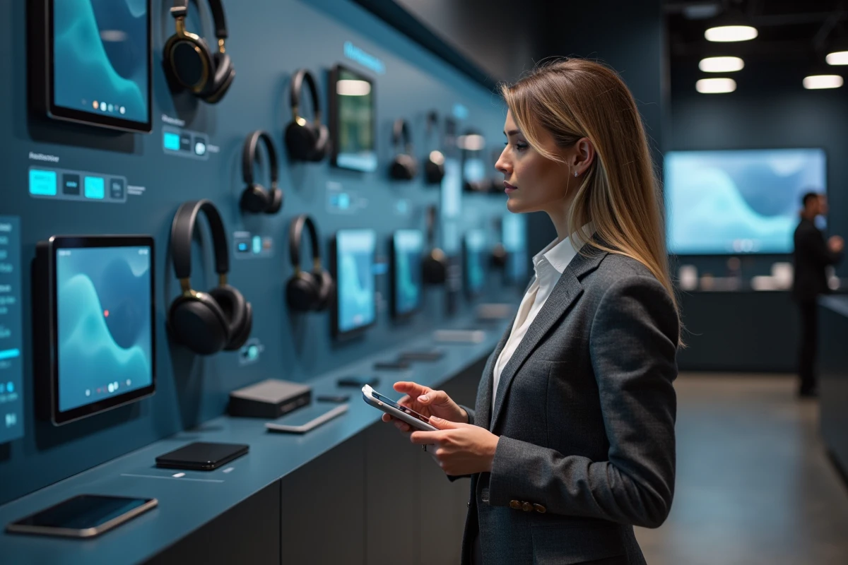 Femme en blazer gris contemplant des équipements technologiques premium dans un showroom moderne