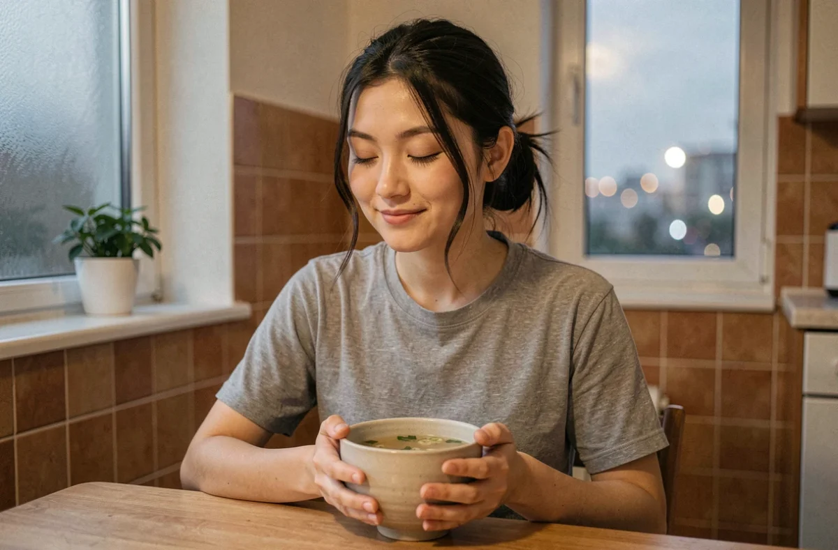 Jeune femme savourant un bol de soupe miso chaud dans sa cuisine le soir dans le cadre d'un régime minceur équilibré