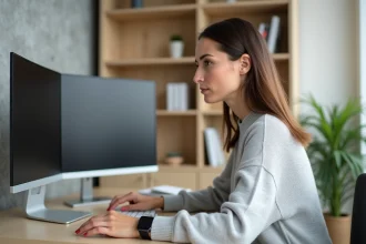 Femme utilisant un ultrawide monitor et une smartwatch dans un bureau minimaliste style scandinave, illustrant la révolution numérique au quotidien