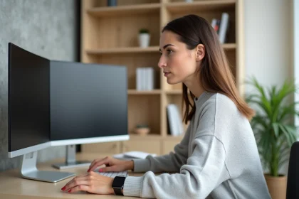 Femme utilisant un ultrawide monitor et une smartwatch dans un bureau minimaliste style scandinave, illustrant la révolution numérique au quotidien