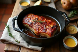 Filet mignon de porc saisi dans une cocotte en fonte avec moutarde et thym sur un plan de travail en bois rustique
