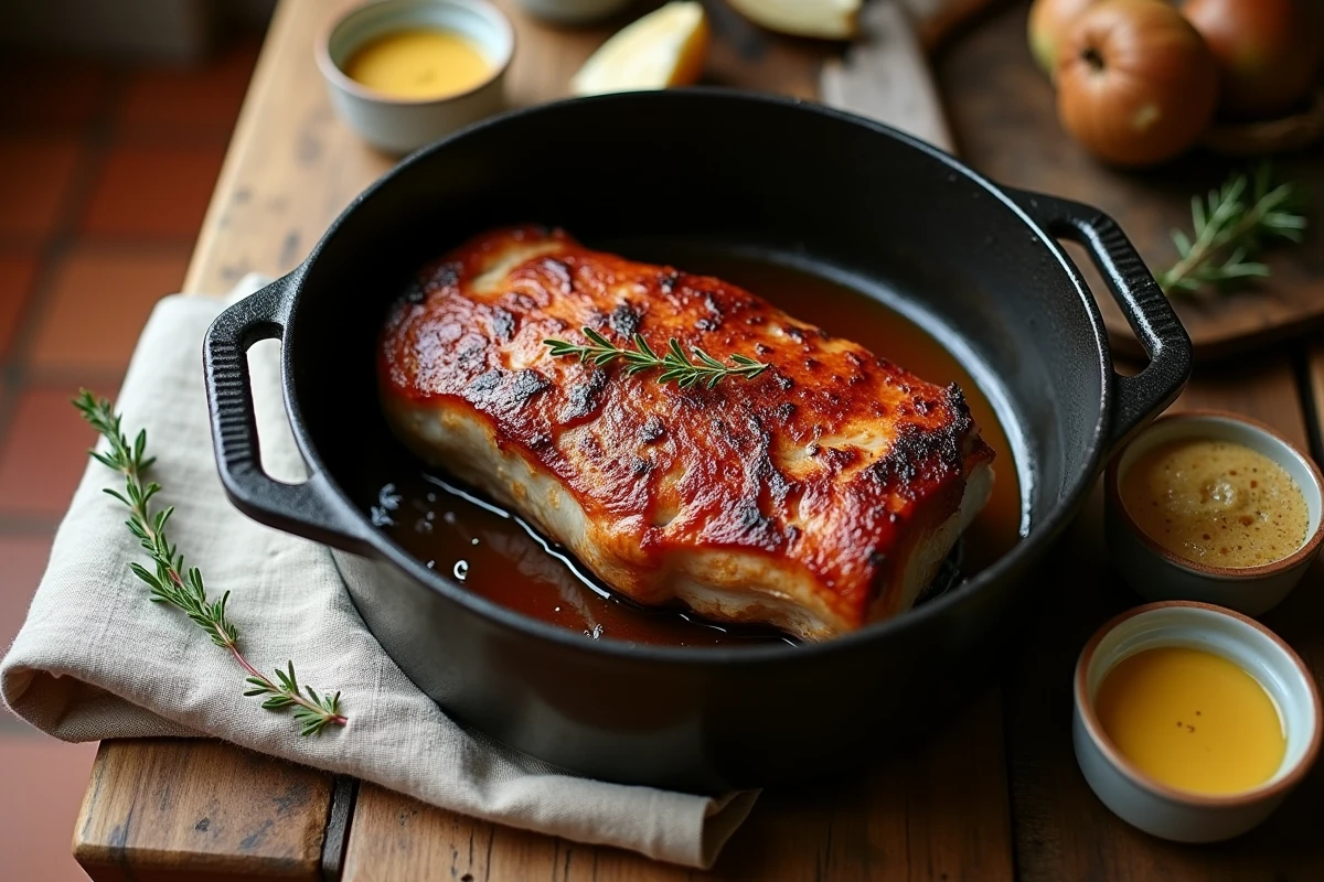 Filet mignon de porc saisi dans une cocotte en fonte avec moutarde et thym sur un plan de travail en bois rustique