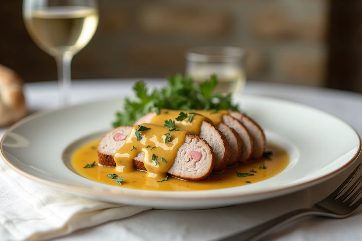 Médaillons de filet mignon nappés de sauce moutarde à l'ancienne servis sur une assiette blanche élégante