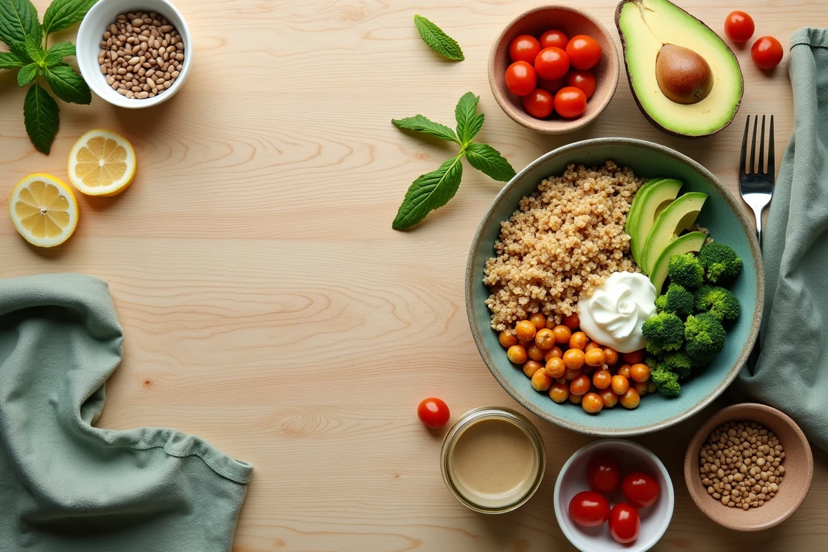 Vue de dessus d'un repas végétalien complet avec quinoa, pois chiches rôtis, avocat et légumes frais sur une table en bois clair