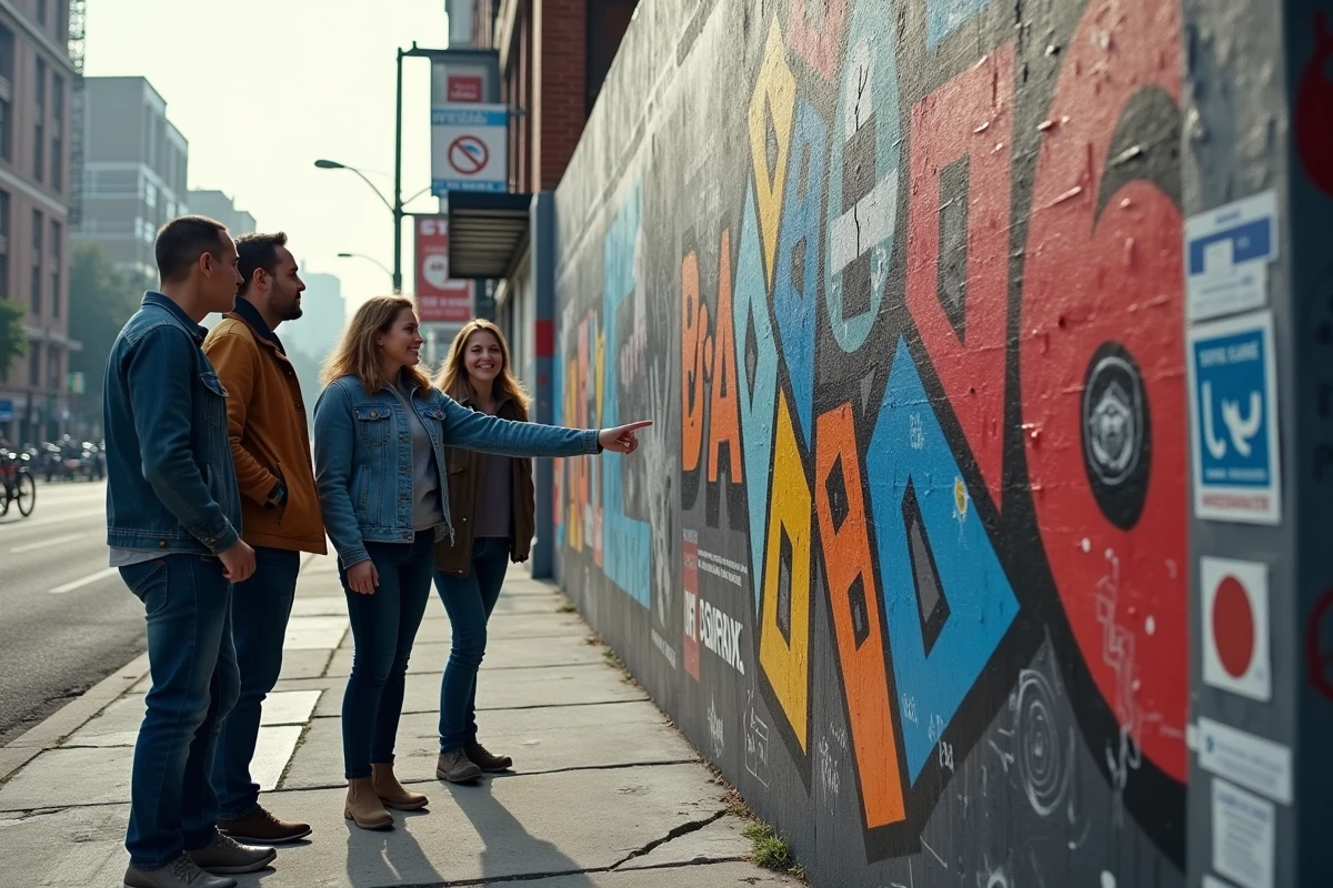 Groupe d'adultes devant une fresque murale urbaine inspirée de l'actualité, symbolisant l'impact des événements mondiaux sur la culture populaire