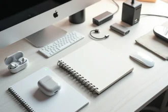 Vue aérienne d'un bureau minimaliste avec une sélection de gadgets tech indispensables pour 2026 disposés en flat lay