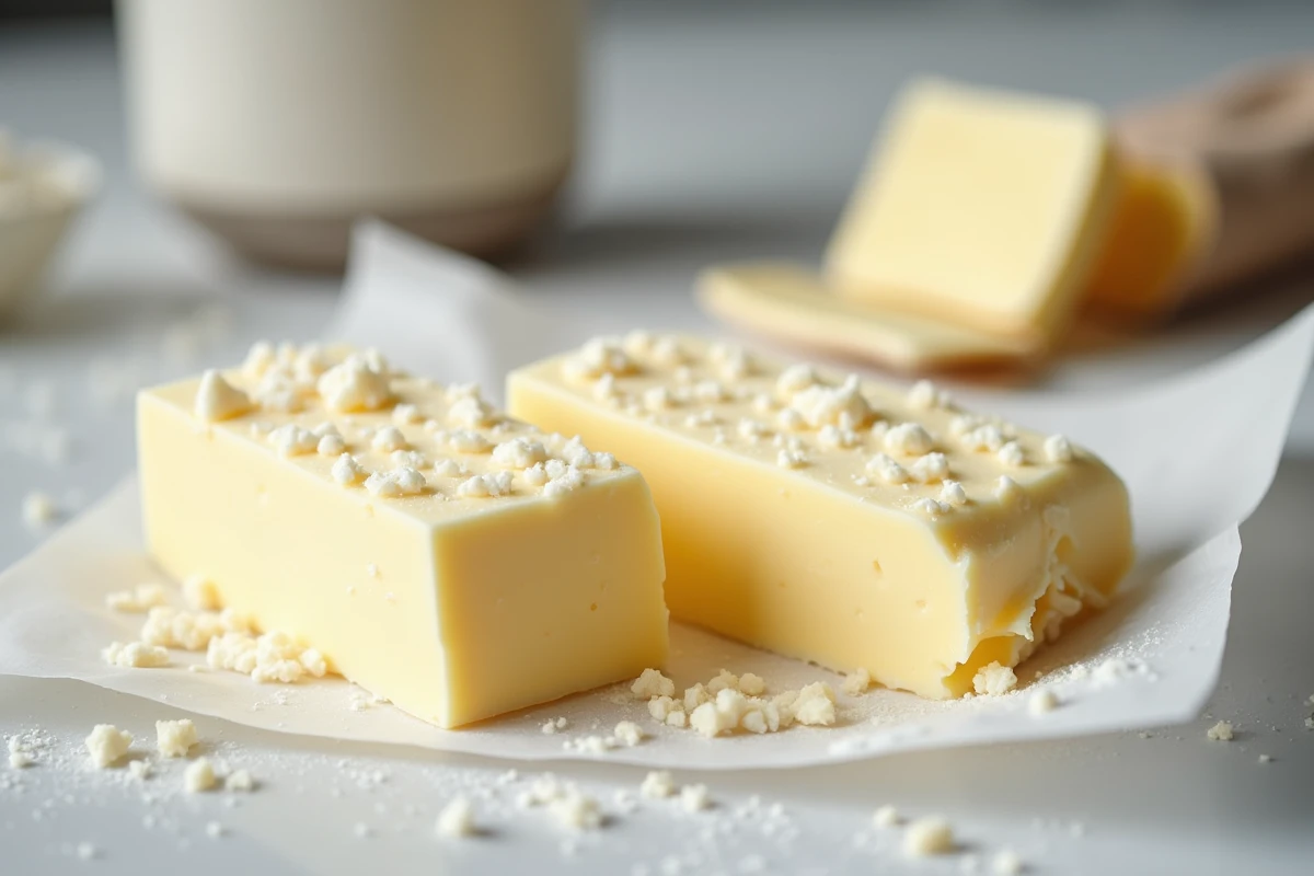 Gros plan sur deux portions de beurre côte à côte sur papier cuisson, l'un salé et l'autre non, avec une étiquette indiquant le beurre à éviter en pâtisserie