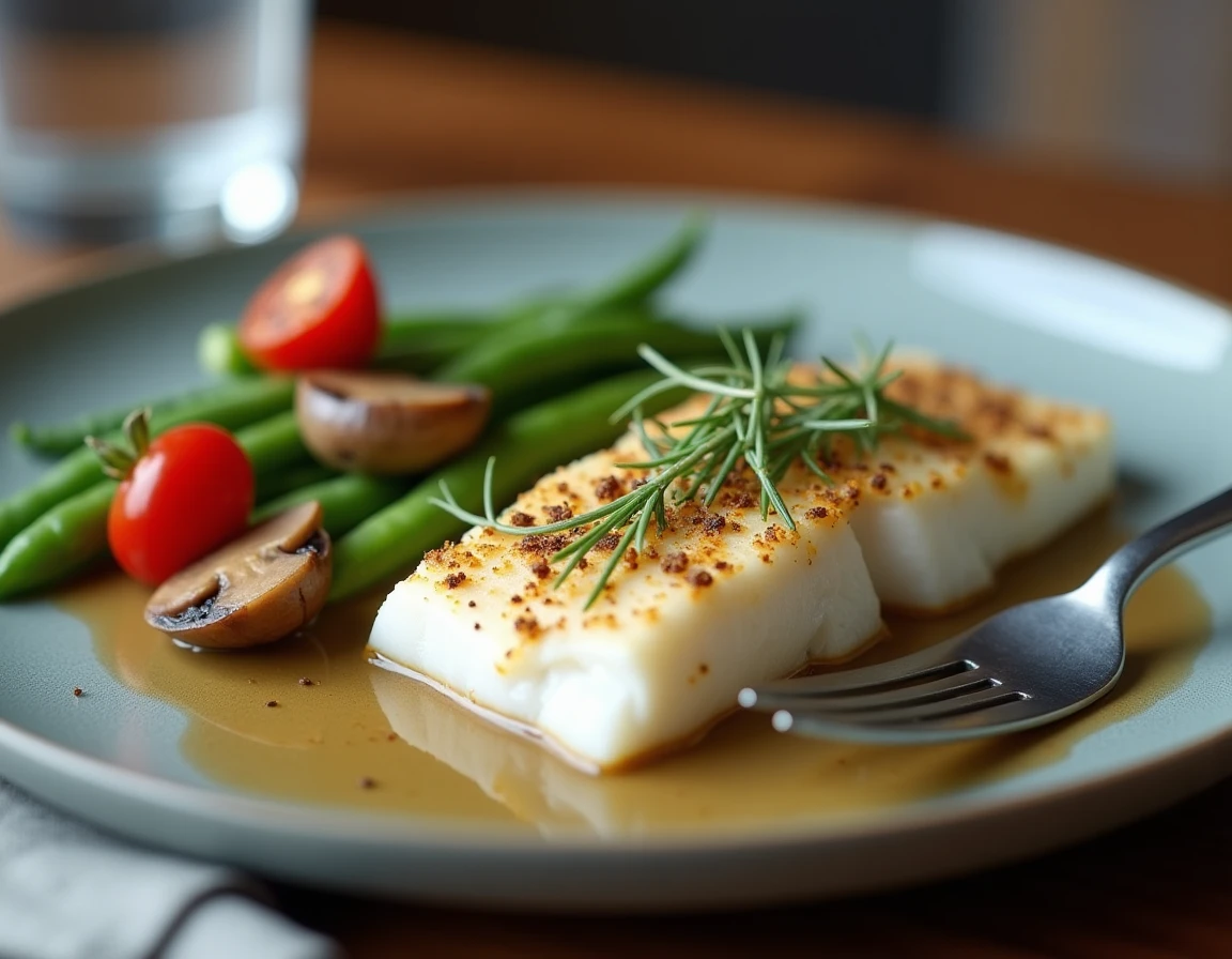 Gros plan d'une assiette de poisson blanc vapeur accompagné de haricots verts et tomates cerises sans féculents