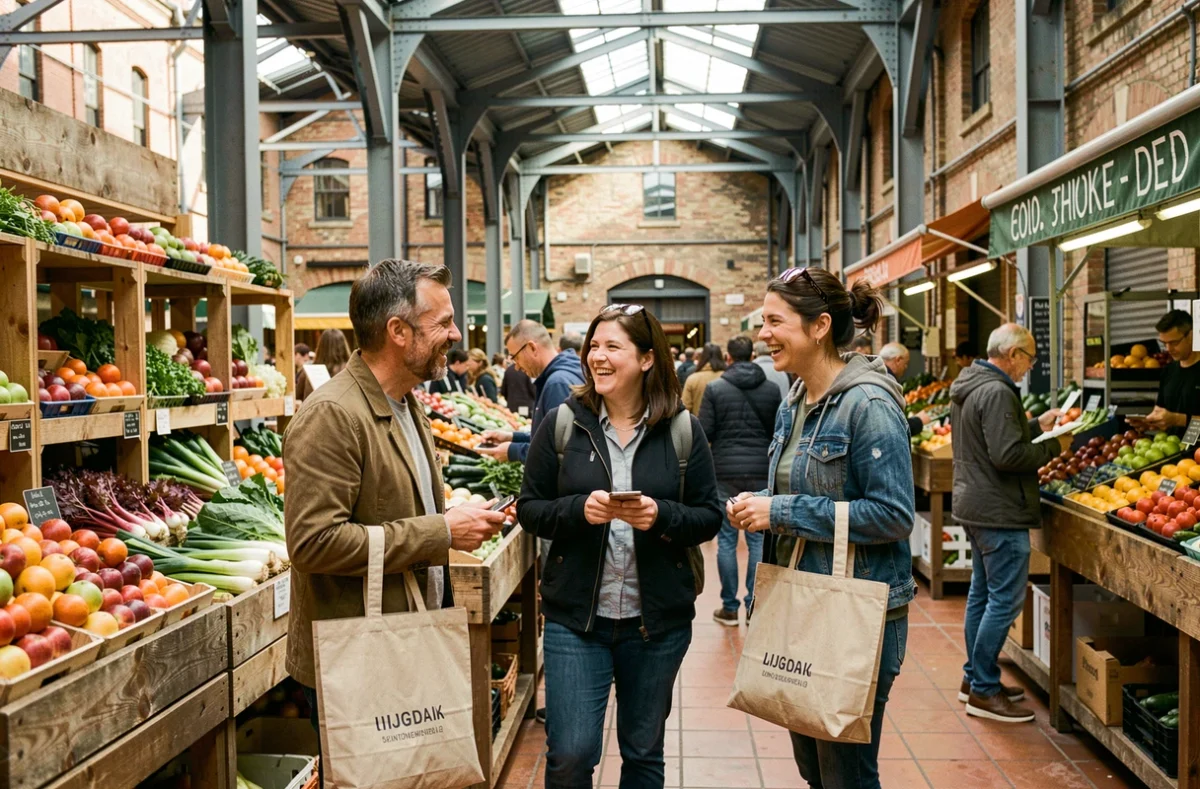 Groupe de personnes faisant leurs courses dans une halle couverte de marché local en ville